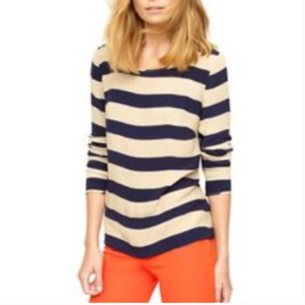 ⬇️j.crew | tan + navy striped blouse.